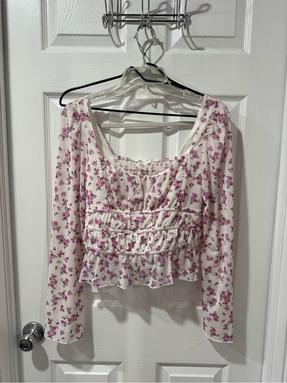 Smocked Square-Neck Long Sleeve Top - Crop Top White with Pink Floral Boho